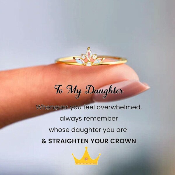 To My Daughter Straighten Your Crown Ring, Sterling Silver Marquise Crown Ring Women, Birthday Gift from Mom, Wedding Gift, Christmas Gift