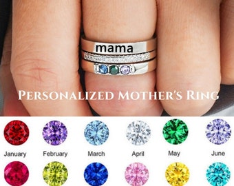 Personalized 1~7 Birthstones Mama Ring Set, Mother's Ring Silver, Stackable Ring for Women, Birthday Gift, Gift for Mom, Mother's Day Gift