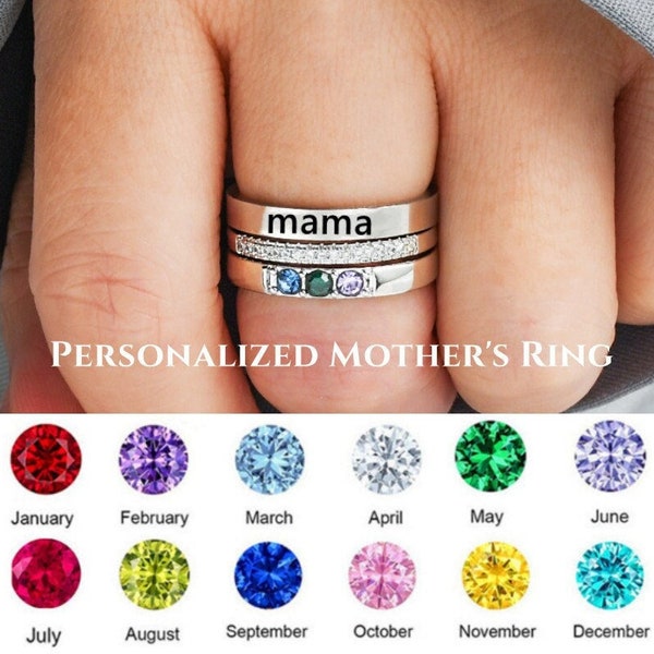 Personalized 1~7 Birthstones Mama Ring Set, Mother's Ring Silver, Stackable Ring for Women, Birthday Gift, Gift for Mom, Mother's Day Gift