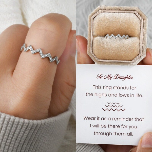 To My Daughter Highs and Lows Wave Ring, Sterling Silver Ring Women, Minimalist Stackable Ring, Birthday Gift from Mom, Back to School Gift