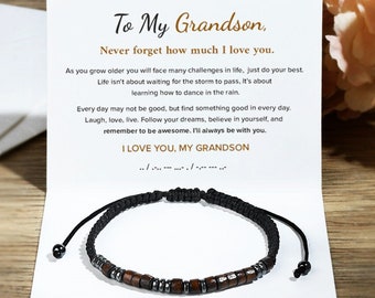 To My Grandson, I Love You Morse Code Bracelet, Secret Message Bracelet Men, Gift from Grandma Grandpa, Christmas Gift,Birthday Gift for Him