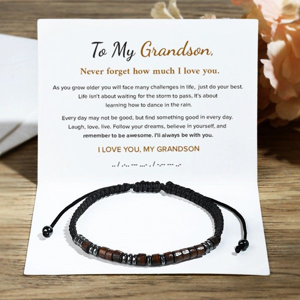 To My Grandson, I Love You Morse Code Bracelet, Secret Message Bracelet Men, Gift from Grandma Grandpa, Christmas Gift,Birthday Gift for Him