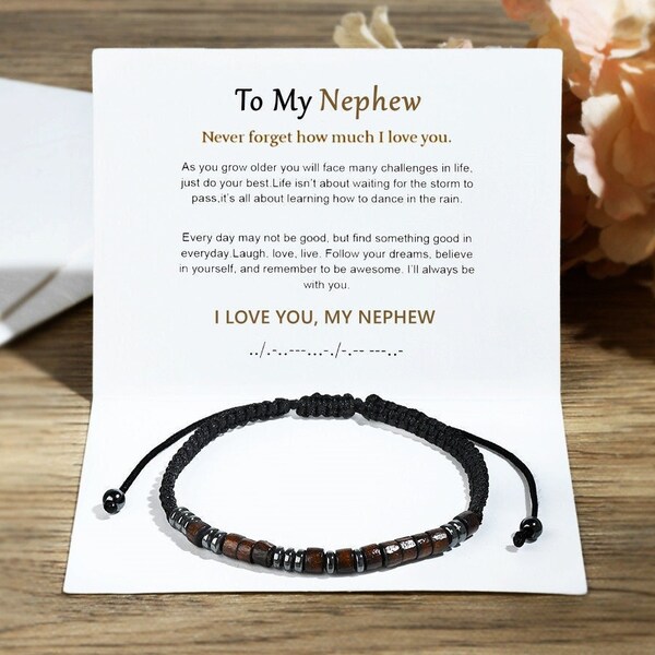 To My Nephew, I Love You Morse Code Bracelet,Secret Message Seed Beads Bracelet for Men,Christmas Gift from Aunt Uncle,Birthday Gift for Him