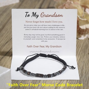 To My Grandson, Faith Over Fear Morse Code Bracelet, Gemstone Bead Braided Bracelet For Men Women, Birthday Gift from Grandma, Chrismas Gift