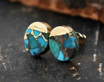 Turquoise Stud Earrings, Turquoise Earrings Gold, Turquoise Studs Gold, Oval Stone Earrings, Turquoise Jewelry, Dainty Turquoise Earrings