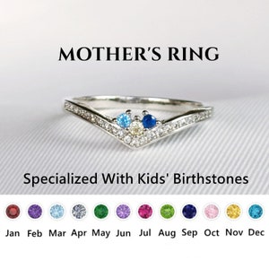 Personalized Mother & Kids Birthstones Chevron Pave Ring, Sterling Silver Ring for Women, Dainty Mom Ring, Birthday Gift, Mother's Day Gift