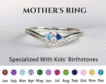 Personalized Mother & Kids Birthstones Chevron Pave Ring, Sterling Silver Ring for Women, Dainty Mom Ring, Birthday Gift, Mother's Day Gift