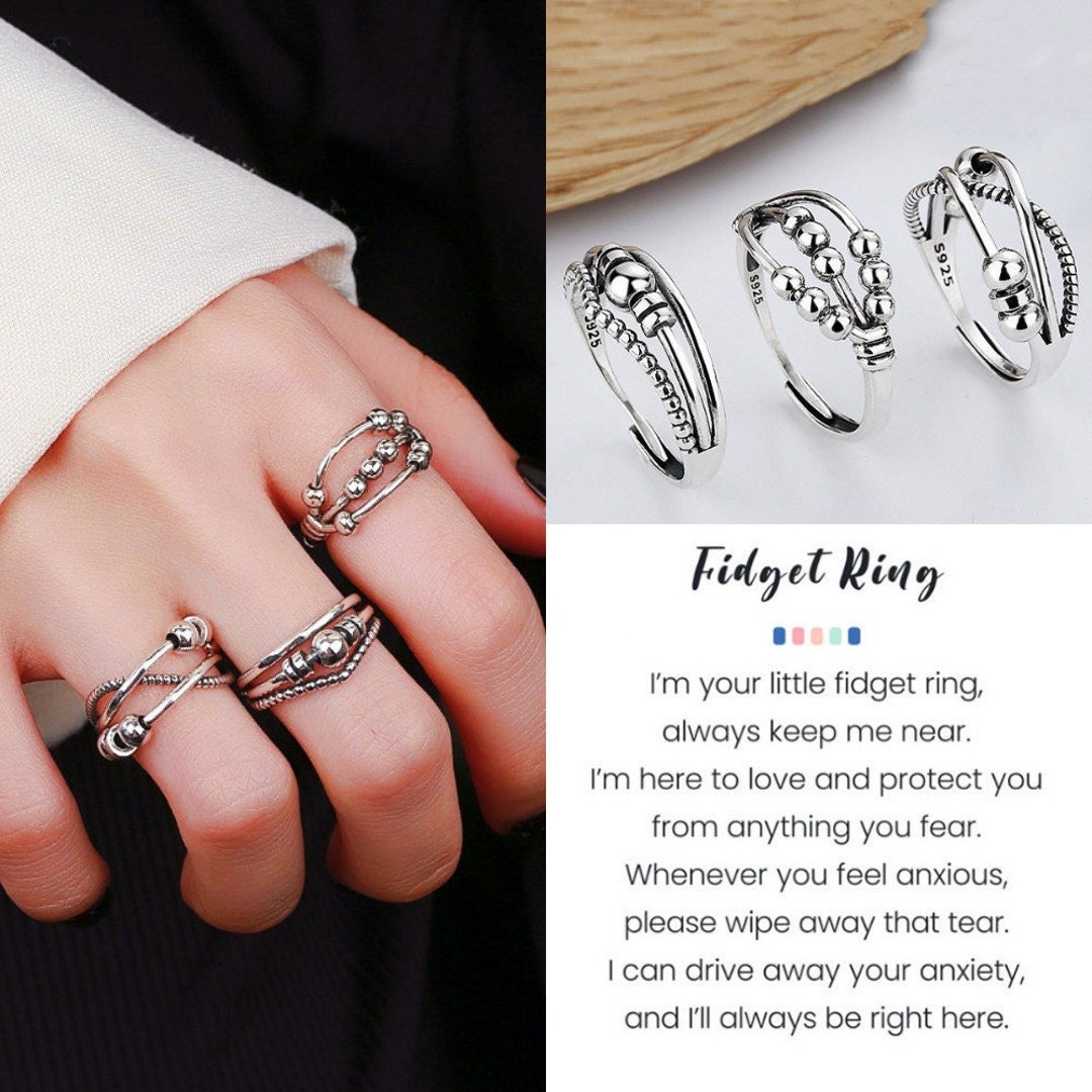 Sterling Silver Spinning Fidget Ring, Anxiety Beads Band Ring Women ...