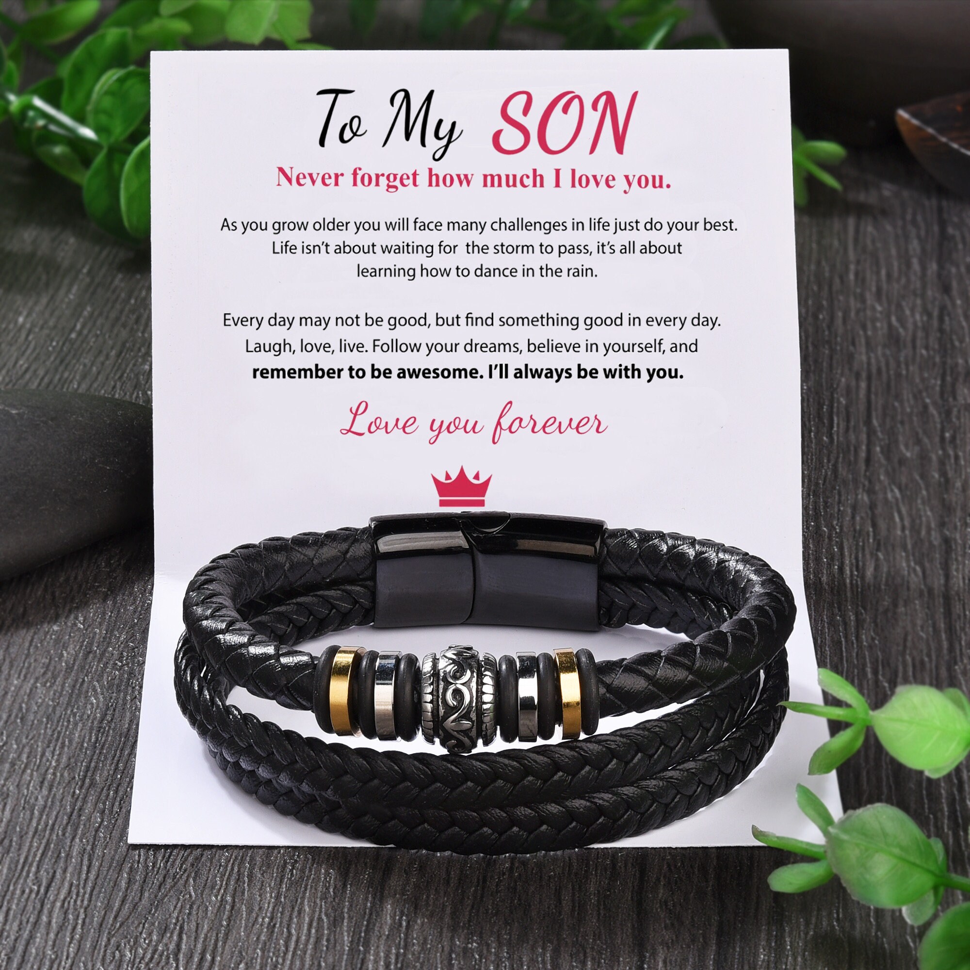  To My Son Braided Leather BraceletI Will Always Be With You  Men Double Row Magnetic Closure Personalized Bracelets，Wristband Bracelet，Mens  Leather Rope Bracelet Holiday Gift : Handmade Products