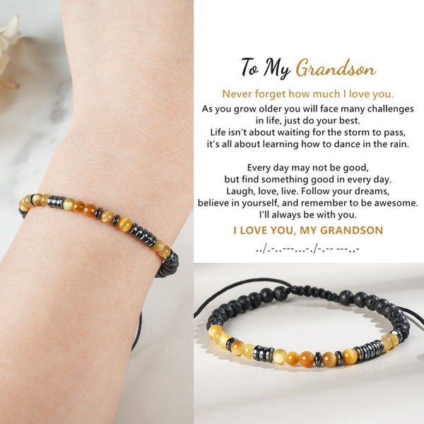 To My Grandson, I Love You Morse Code Bracelet, Tiger Eye Bracelet, Lava Stone Beaded Bracelet, Birthday Gift from Grandma, Chrismas Gift