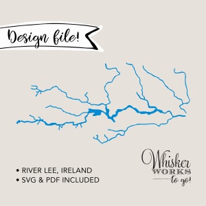 May include: A blue line drawing of the River Lee in Ireland. The text "Design file!" is at the top of the image. The text "River Lee, Ireland" and "SVG & PDF Included" are at the bottom left of the image. The text "Whisker Works to go!" is at the bottom right of the image.