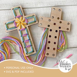 May include: Two wooden cross-shaped craft kits with colorful yarn for stitching. One cross is partially stitched with blue, green, yellow, and purple yarn. The other cross is unstitched. The image includes the text "PERSONAL USE ONLY" and "SVG & PDF INCLUDED".