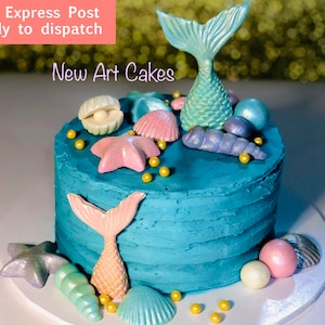 Mermaid Cake Topper 16 pieces SET with *FREE express Post* Set includes Mermaid tails/Sea shells/Clamps/Rocks. All made with edible fondant.