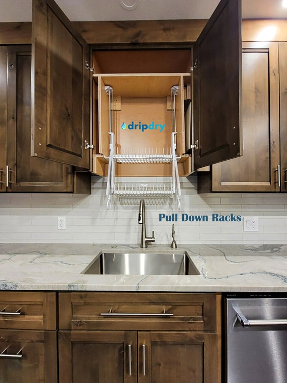 European Dish Rack Above the Sink. Dish Drying Rack Built Inside