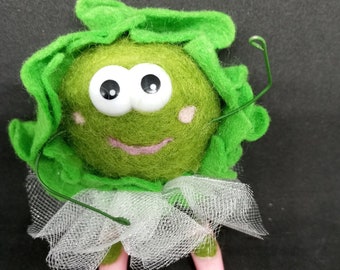 Needle felted Brussell sprout dressed as ballerina