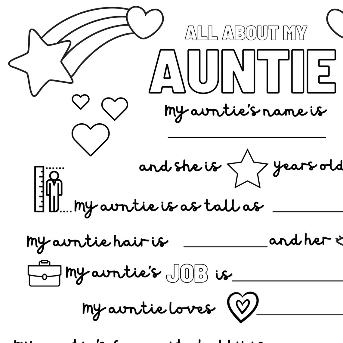 Best Auntie colouring activity Toddlers Interview Fill in - Etsy España