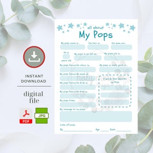 Könnte beinhalten: Eine druckbare digitale Datei mit dem Titel „Alles über meinen Pops“. Das hellblaue und weiße Ausfüllblatt enthält Aufforderungen für persönliche Details, Lieblingsdinge und eine Nachricht. Enthält eine PDF- und JPG-Datei zum sofortigen Download.