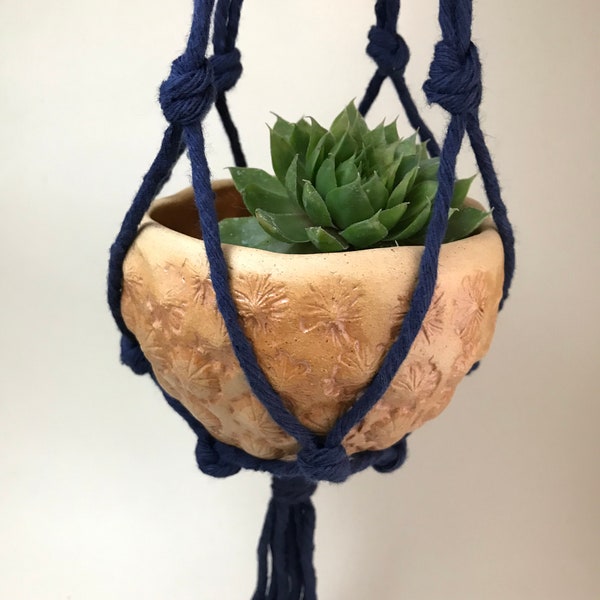 Handmade ceramic hanging planter, macrame plant holder, autumnal orange, pure cotton cord