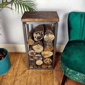 Industrial log store and kindling side table - Reclaimed indoor log store - Rustic log and kindling store