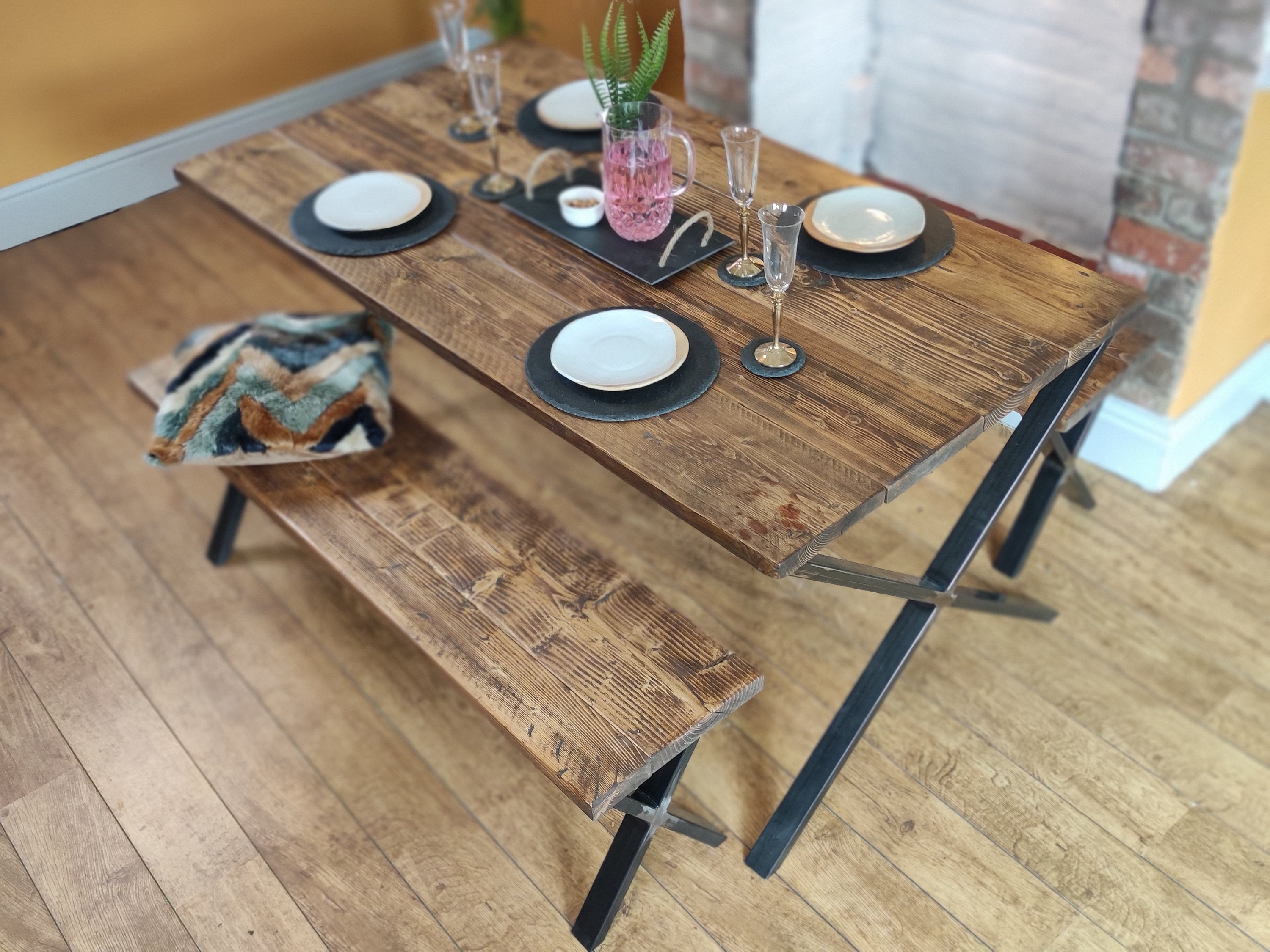 Industrial Dining Table & Benches Reclaimed Solid Wood Etsy UK