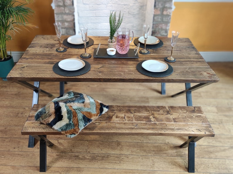 Industrial Dining Table & Benches Reclaimed Solid Wood Etsy UK