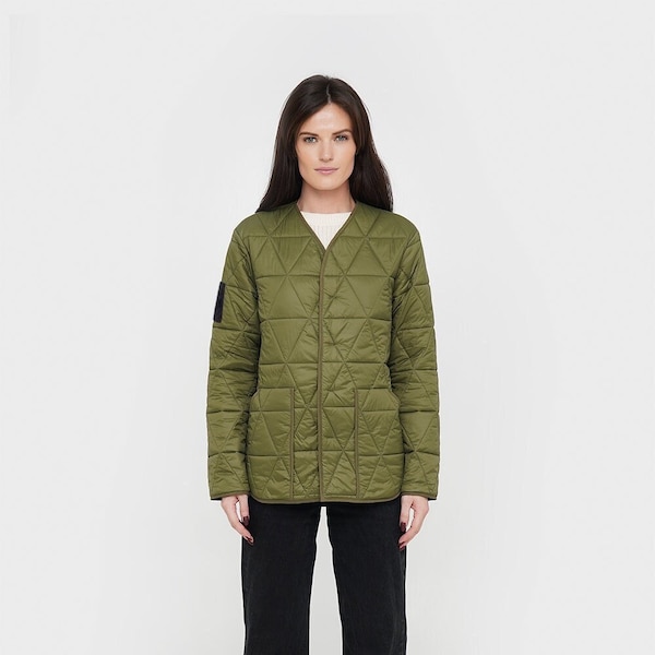 Women Green Liner Jacket, Khaki Quilted Jacket, Quilted Nylon Coat, Quilting jacket, Collarless jacket, Minimalist jacket, Lightweight