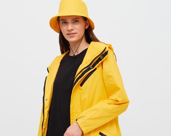 Gelber Regenmantel für Damen, gelbe Regenjacke, wasserdichter Regenmantel mit Kapuze, Windjacke, Regenmanteljacke für Erwachsene