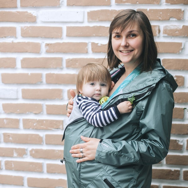 Babywearing gray membrane raincoat, Maternity handmade packable waterproof rain jacket, Babycarrying outerwear cloak, gift new mum