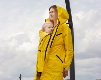 Babywearing yellow membrane raincoat, Maternity handmade packable waterproof rain jacket, Babycarrying outerwear cloak, gift new mum