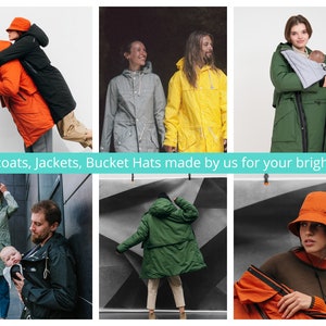 May include: Collection of raincoats, jackets, and bucket hats in various colors. The image features people wearing orange, black, green, and gray outerwear. The text in the image reads: Raincoats, Jackets, Bucket Hats made by us for your bright life.