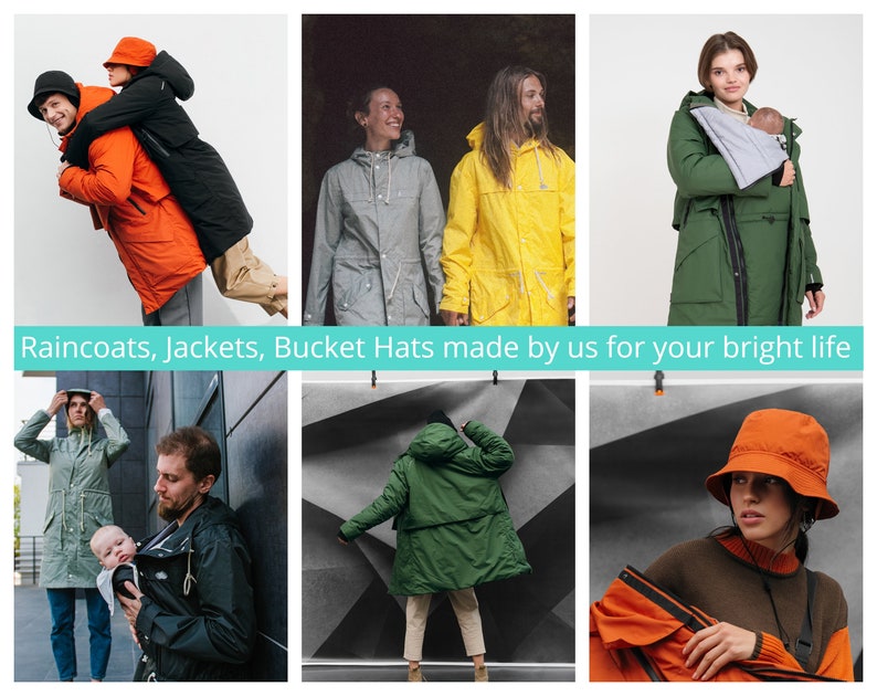 May include: Collection of raincoats, jackets, and bucket hats in various colors. The image features people wearing orange, black, green, and gray outerwear. The text in the image reads: Raincoats, Jackets, Bucket Hats made by us for your bright life.