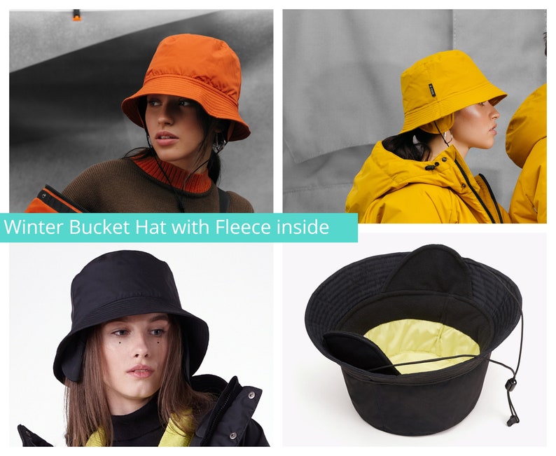 May include: A collection of winter bucket hats in various colors. The hats are shown in orange, yellow, and black. The hats have a fleece lining and ear flaps for warmth. The text "Winter Bucket Hat with Fleece inside" is displayed.