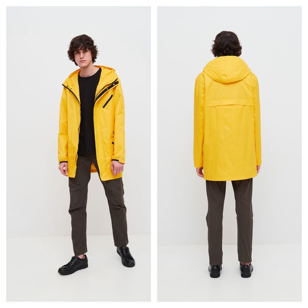 Yellow Rain Jacket for Traveling, Men Raincoat with hood, Windproof, Lightweight