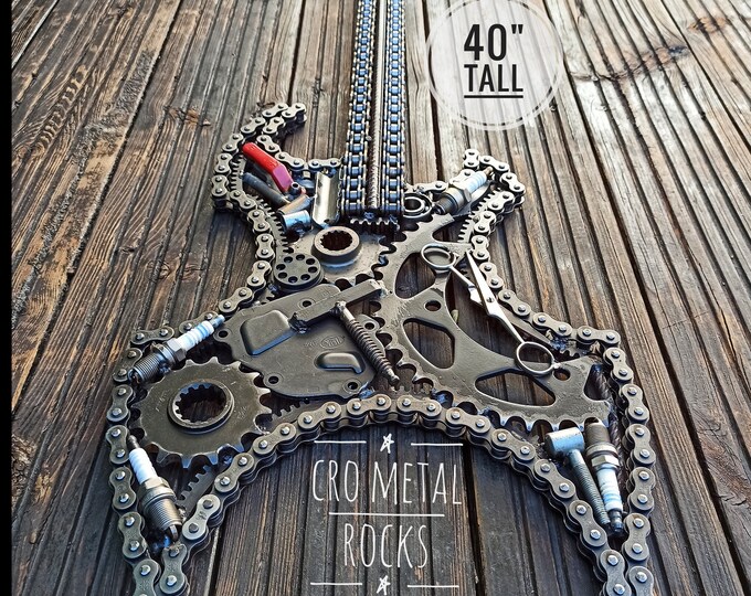 Metal Art Guitar, 40 Tall Scrap Metal Sculpture, Recycled Metal Art