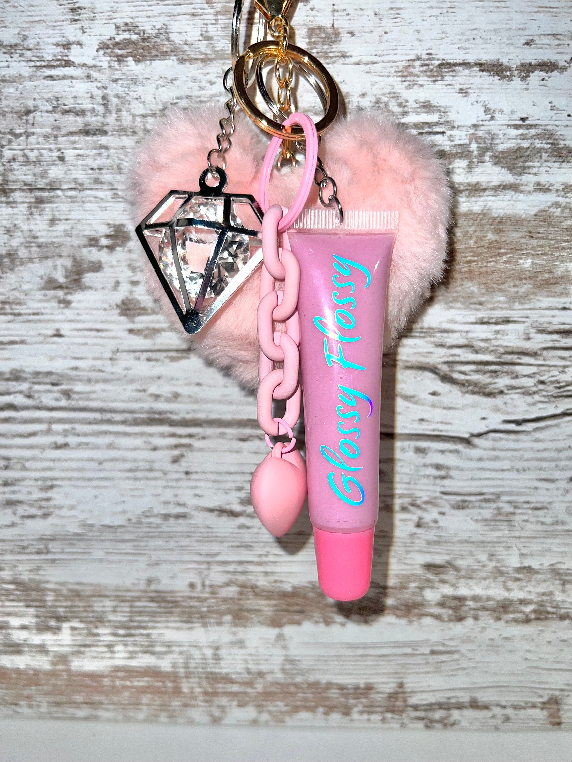 Holographic Glitter “D” Pastel Pink Pom-Pom Keychain - Light Pink Rose  Dangle