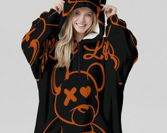 Minimal Streetwear Fleece Oversized Bears Life Hoodie Blanket With Decorative Ears Unisex
