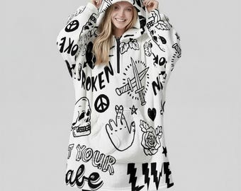Minimal Streetwear Fleece Oversized Broken Heart Hoodie Blanket With Decorative Ears Unisex