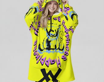 Minimal Streetwear Fleece Oversized Happiness Hoodie Blanket With Decorative Ears Unisex