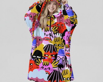 Minimal Streetwear Fleece Oversized All Eyes On Me Hoodie Blanket With Decorative Ears Unisex