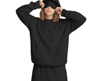 Minimal Streetwear Travel Nap Hoodie with Built-in Eye Mask Unisex