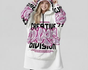 Minimal Streetwear Fleece Oversized Division Hoodie Blanket With Decorative Ears Unisex