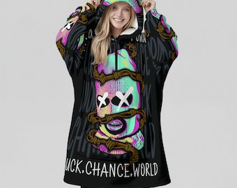 Minimal Streetwear Fleece Oversized Hard Luck Hoodie Blanket With Decorative Ears Unisex