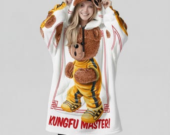 Minimal Streetwear Fleece Oversized Kungfu Master Hoodie Blanket With Decorative Ears Unisex