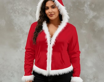 Women's Holiday Faux Fur Trim Hooded Jacket