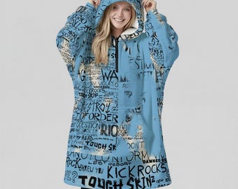 Minimal Streetwear Fleece Oversized Graffiti Hoodie Blanket With Decorative Ears Unisex