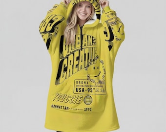 Minimal Streetwear Fleece Oversized Urban Hoodie Blanket With Decorative Ears Unisex