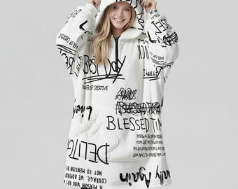 Minimal Streetwear Fleece Oversized Blessed Hoodie Blanket With Decorative Ears Unisex