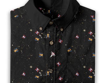 Galactic 8-Bit Print Men's Breathable Bamboo Cotton ShirtUrban