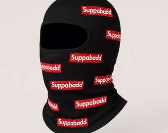 Suppabadd Logo Balaclava – Streetwear Full Face Mask | Black Ski Mask for Men & Women | Tactical Hood for Biker, Snowboard, Urban Style