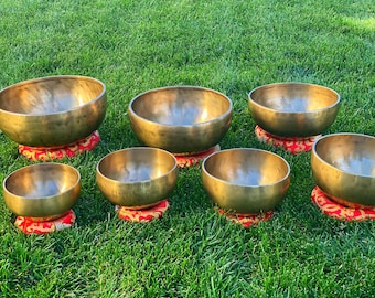 May include: Seven antique singing bowls of varying sizes, made of brass, are arranged on red cushions on a green grassy surface. The bowls are all in focus and have a warm, golden hue.